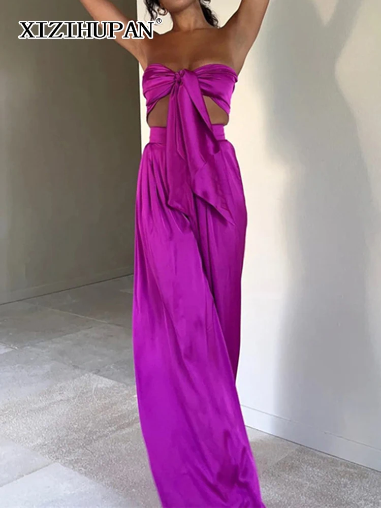 

XIZIHUPAN Sexy Solid Sets Female Strapless Sleeveless Patchwork Bow Tops High Waist Loose Wide Leg Pants Woman's Suit 2022 Style