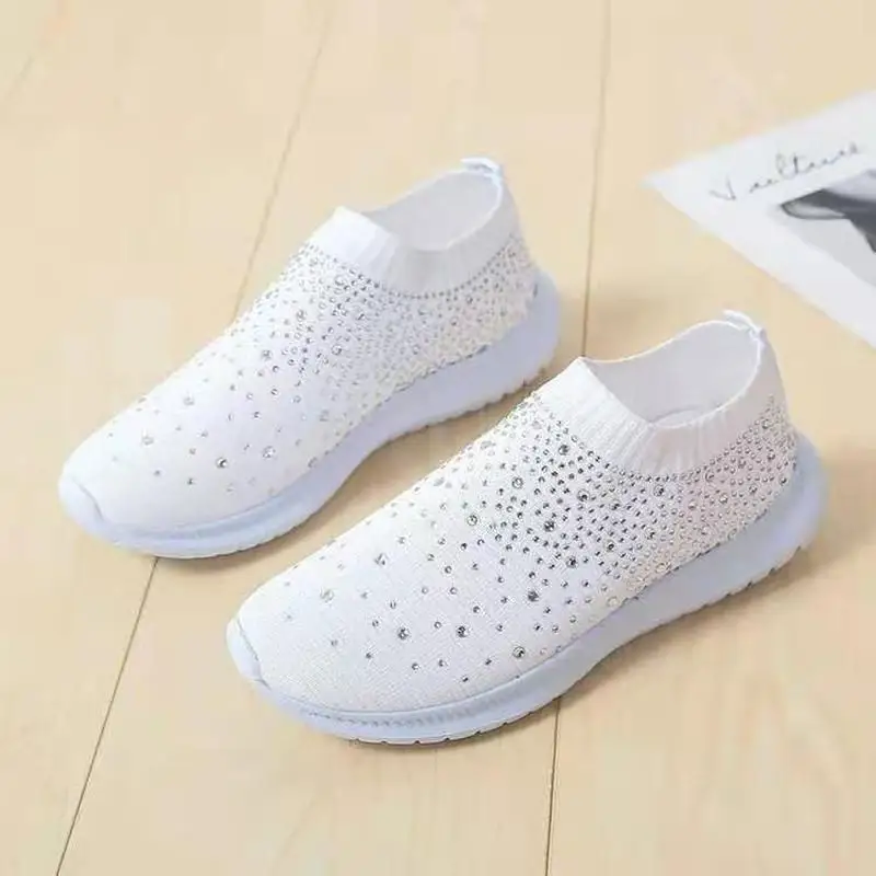 

2021 Vulcanized Shoes Sneakers Women Trainers Knitted Sneakers Ladies Slip-on Sock Shoes Sparkly Crystal Zapatillas Mujer Casual