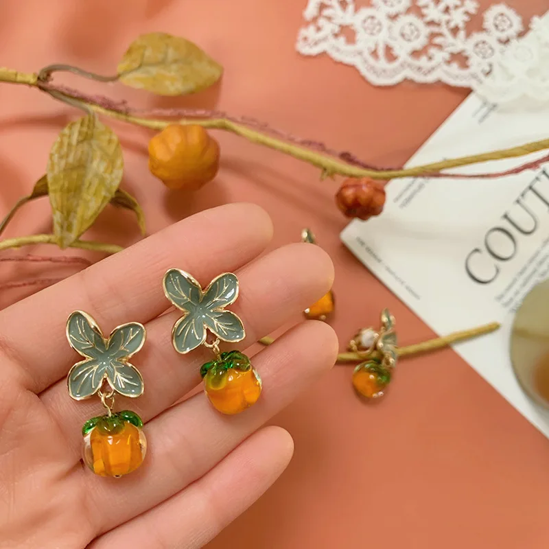

2023 New Lovely Lucky Green Leaf Orange Drop Earrings for Women Ladies Fashion Casual Wear Earrings Girls Party Jewelry Gift