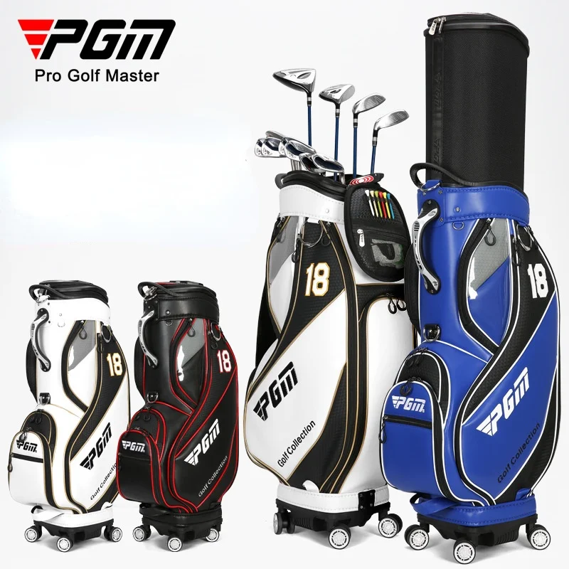 PGM Golf Standard Ball Bag Men Leather PU Light Weight Waterproof Golf Cart Club Airbag High Capacity Package with Wheel for Men