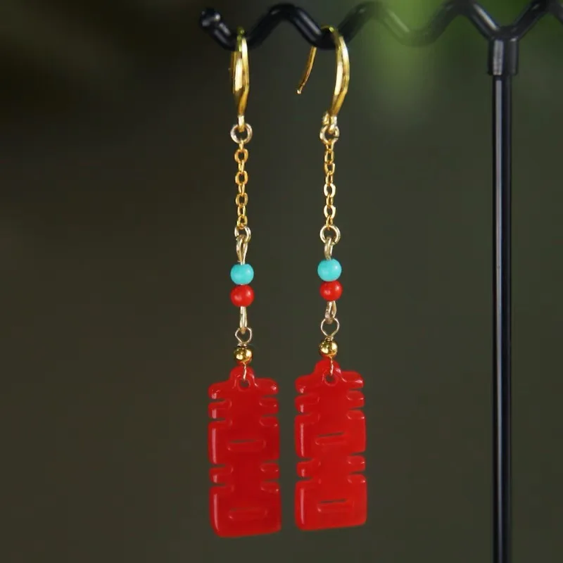 

Red Jade Hollow Double happiness Women Earrings Jadeite Vintage Natural Gemstone Accessories Charm 925 Silver Amulet Jewelry
