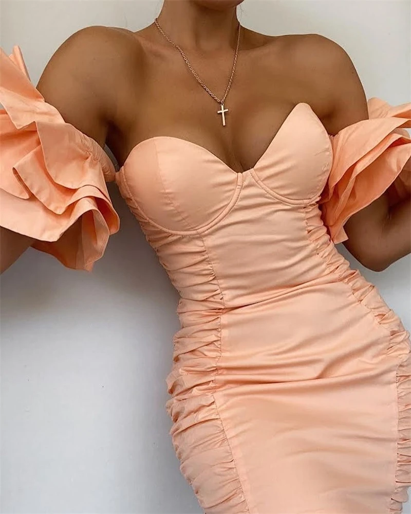 

2021 New Summer Vestidos Pink Vintage Elegant Ruffles Bodycon Party Mini Dresses Women Ruched Draped Strapless Sexy Night Dress