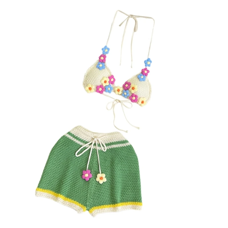 Полый комплект бикини с цветочным крючком для женщин бюстгальтер лямкой на