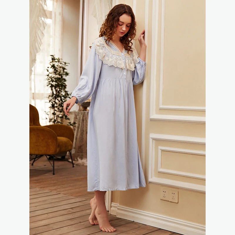 MAYMOLI Comfortable Women's Pajamas Lace Button Decoration Night Dress Women Sleepwear Loose Long Sleeves Luxury Nightwear