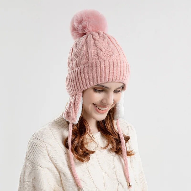 

Autumn Winter Warm Knitted Hat Female Cute Wool Hat Outdoor Ski Windproof Plus Down Thickening Set Head Cap Plush Fluffy Beanies
