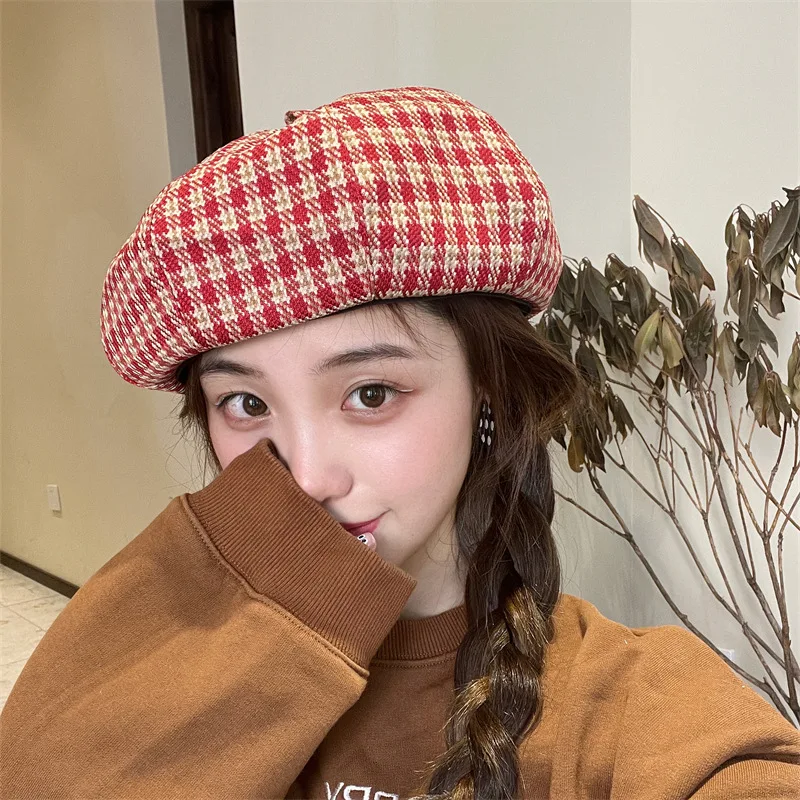 Женский осенне-зимний восьмиугольный берет в клетку винтажная шапка художника