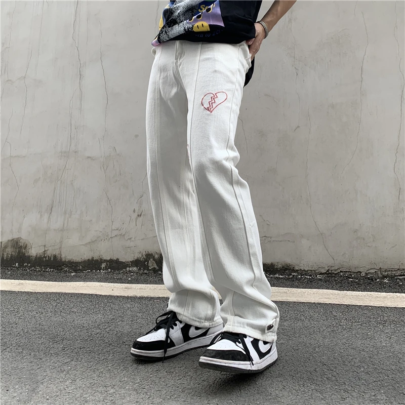 Women's Mens Y2k Heartbreak Embroidery White Traf Wide Leg Pants Streetwear Highstreet Design Baggy Jeans Straight Trousers Man