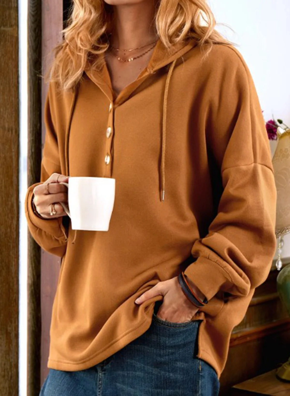 

Solid Color Hooded Tops Women Autumn Winter Long Sleeve Buttons Drawstring Hoodies Sweatshirt Ladies Casual Loose Pullovers 2022