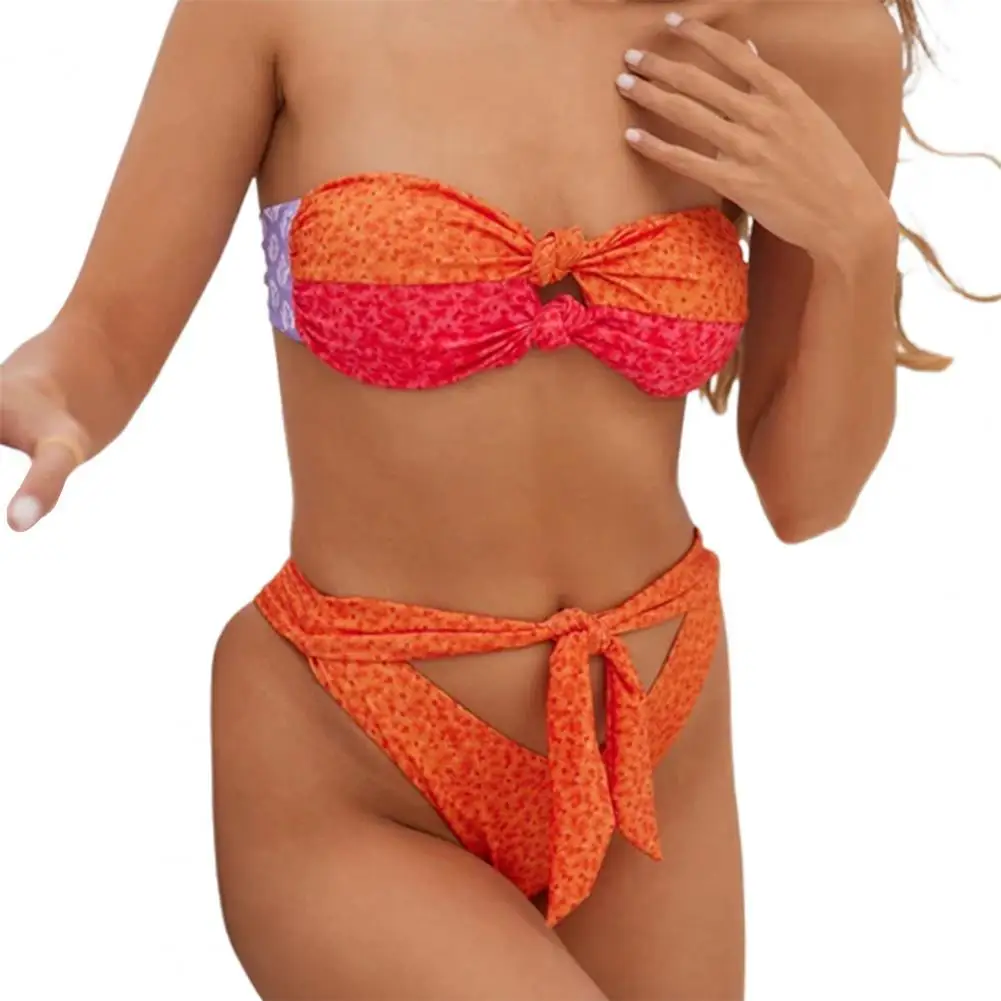 

Bikini 2022 Women Swimsuit Dot Print Back Lace-up Female Bikini Set 2 Pieces Bandeau Bra Hollow Knot Briefs Swimwear for Beach
