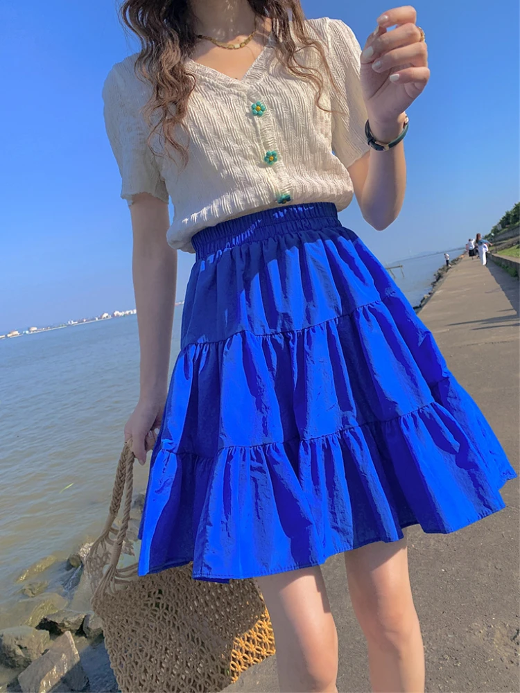 

Green Mini Skirts New Summer 2023 Elastic High Waist Cute Skirt A-line Solid Korean Fashion Preppy Style Short White Cake Skirt
