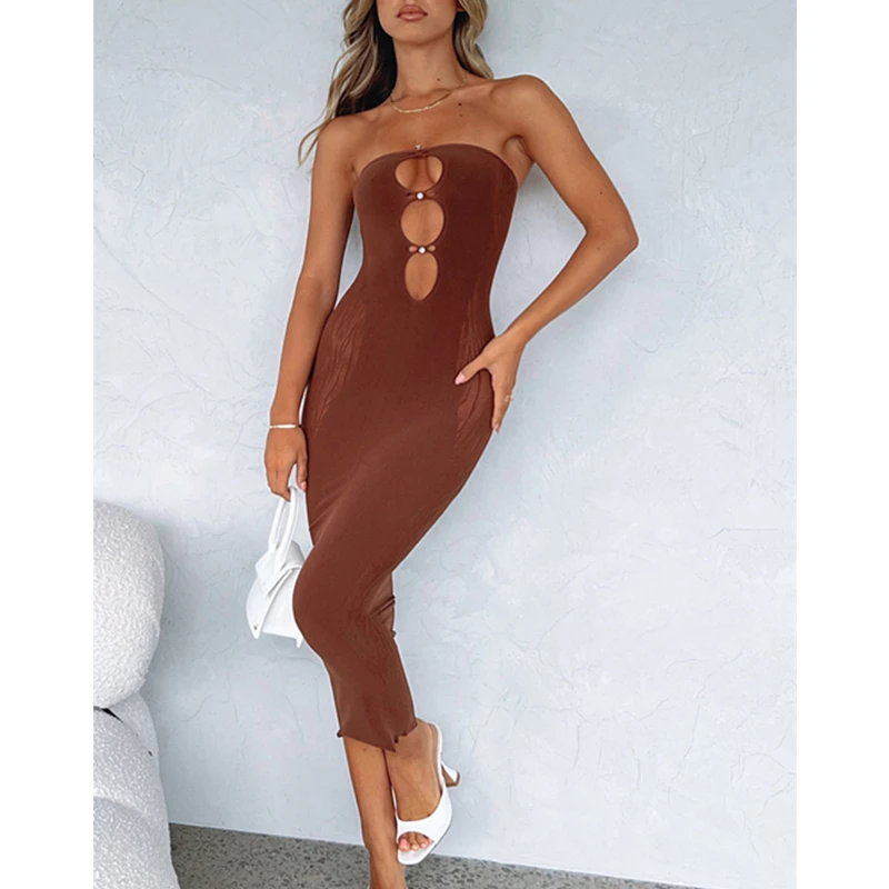 

Summer Strapless Backless Tight Vestidos Sexy Party Women Cut Out Sleeveless Mesh Print Patchwork Bodycon Dress Street Clubwear
