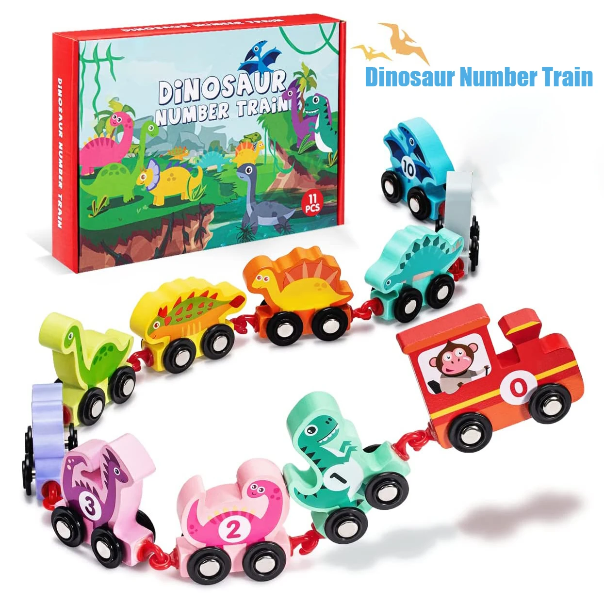 

Деревянный набор поездов-динозавров с цифрами, 11 шт., поезд с локомотивом и цветными локомотивами, Обучающие игрушки Монтессори для детей