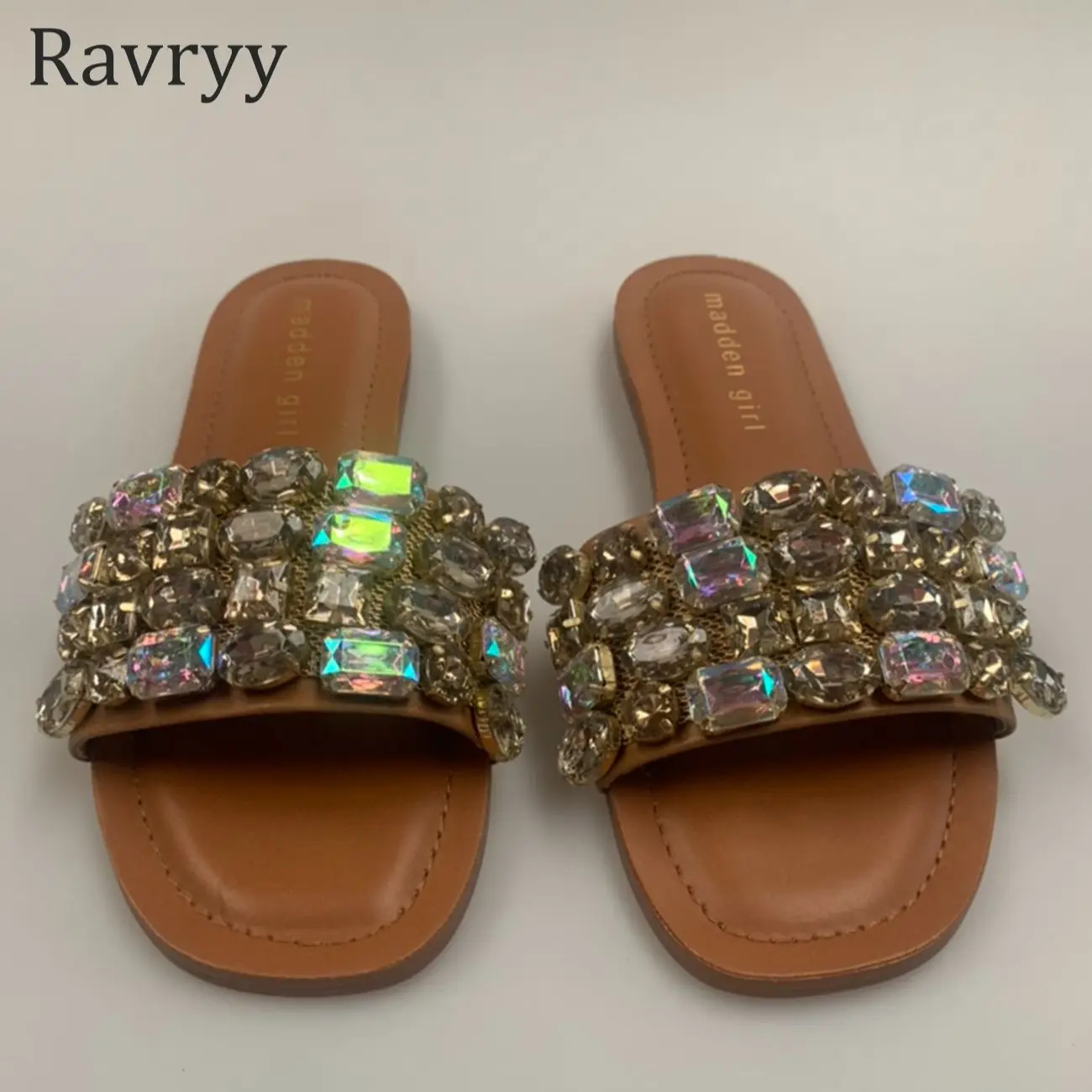 

Brown rhinestone one word beach sandals 2023 summer simple breathable shiny women's shoes square toe outer wear slippers