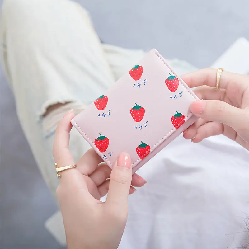 

Ins Three-Fold Pu Leather Strawberry Children's Short Wallet Women Cute Cartoon Fruit Card Holder Girls Bag Coin Purse