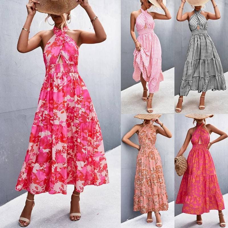 2022 Spring And Summer New Hot Sale Sexy Backless Halter Neck Strap Print Dress