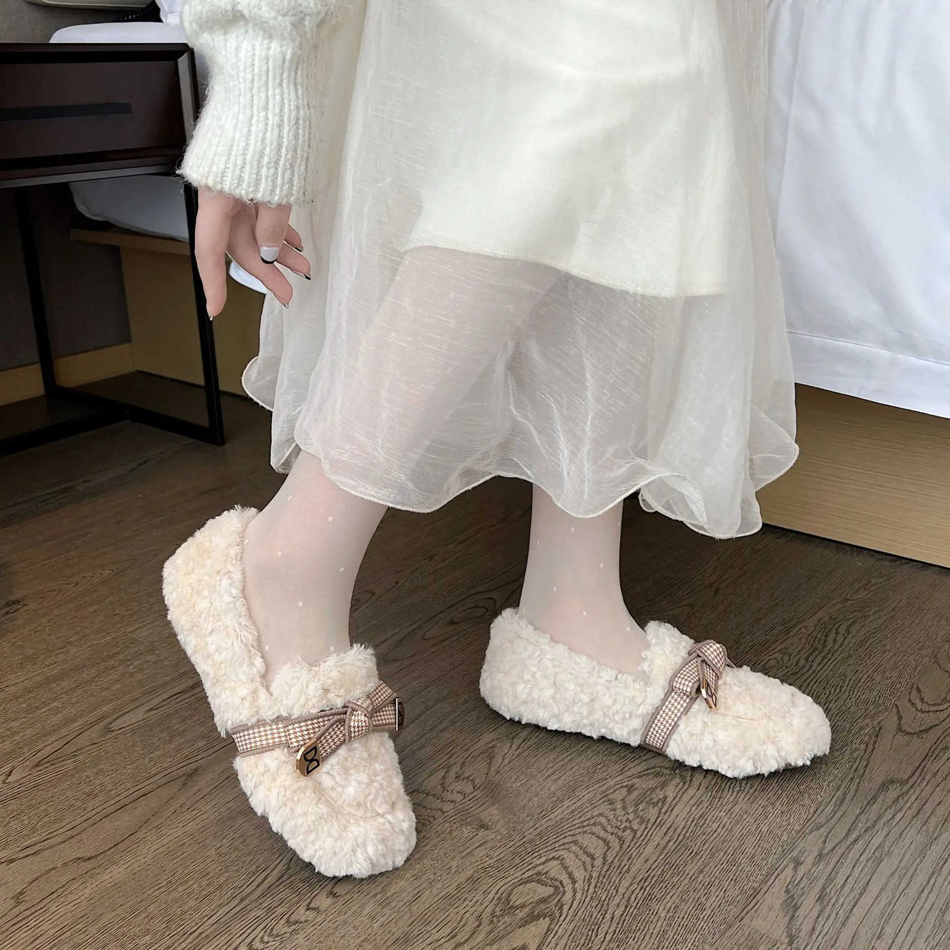 

Меховые Туфли для женщин на осень и зиму, модная новая обувь с бантом на плоской подошве из овечьей шерсти и кашемира