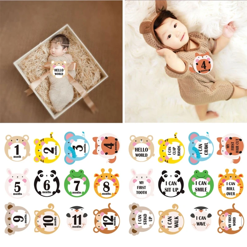 

12 Pcs Cartoon Months Cards Skills Cards Memorial Stickers Newborn Photography Props Memory Recording Milestone Stickers