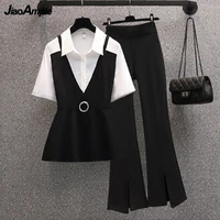 2022 summer women fashion slim clothing office lady work patchwork shirtblack flare pant suit trendy joker tops trousers outfit