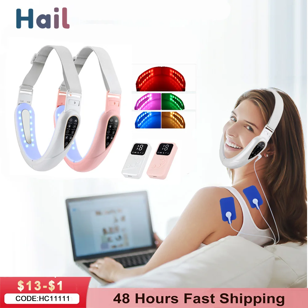 

Double Chin Remover Reducer LED Facial Massager Lifting Device Remote Chin Slimmer V Face Vibration Cheek Lift Belt With Pulse