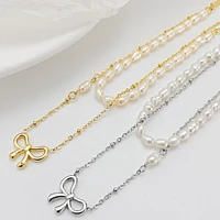 wholesale lots new korean hollow bow titanium steel necklace multi layer choker clavicle chain pearl necklaces for women jewelry