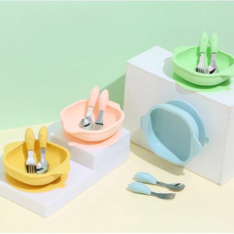 

Baby Silicone Sucker Bowl Set with Fork Spoon Tableware Children Dishes Kids Training Feeding Plate Dinnerware BPA Free