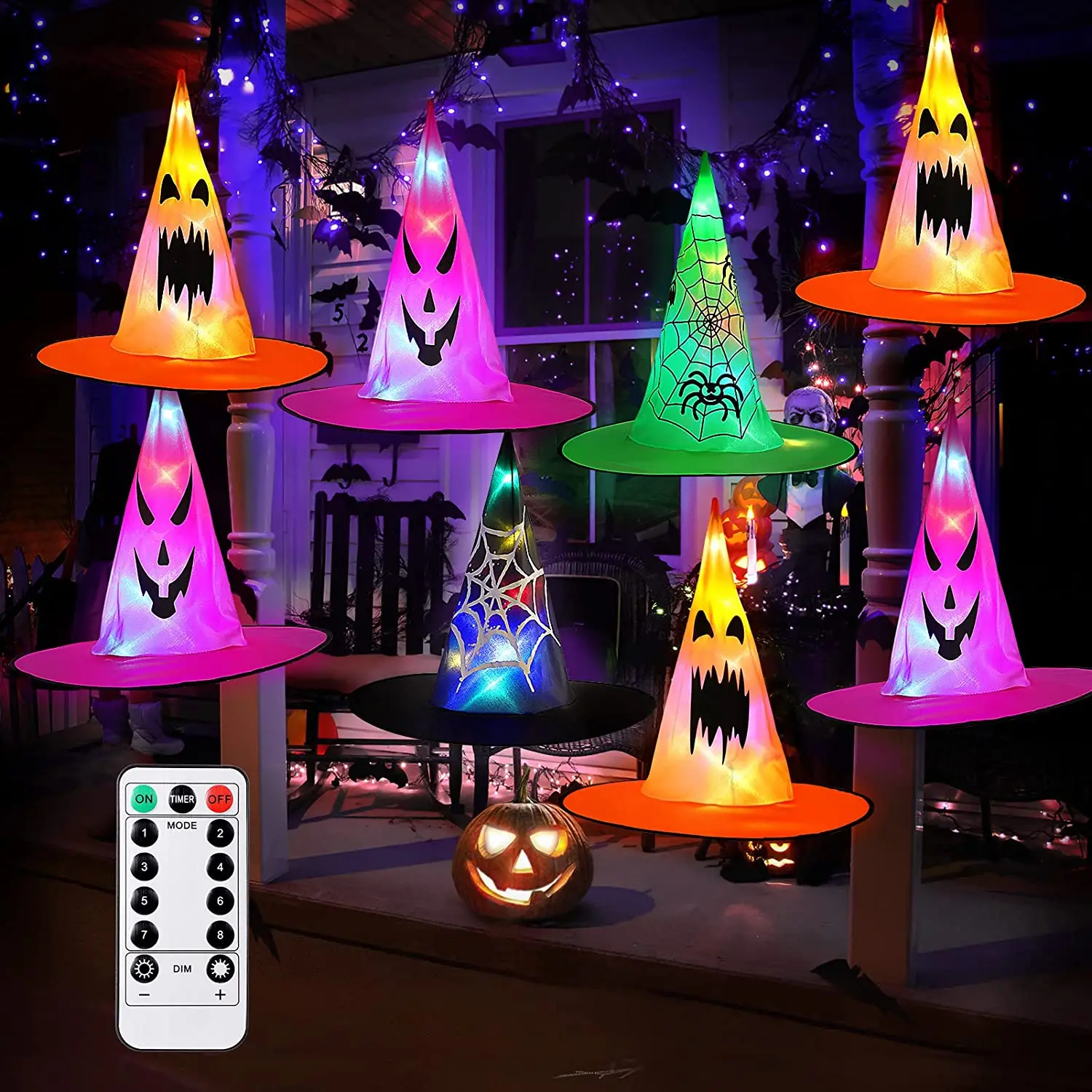

Halloween Witch Hat Lighting, 8 Pcs Hanging Glowing Witch Hat with Remote Control Light, Battery Powered Light Decoration
