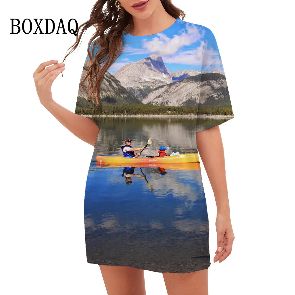 

Women Landscape Kayaking Pattern Dress Summer Fashion 3D Printed Short Sleeve Loose Clothing Casual Beach Oversized Mini Dresses