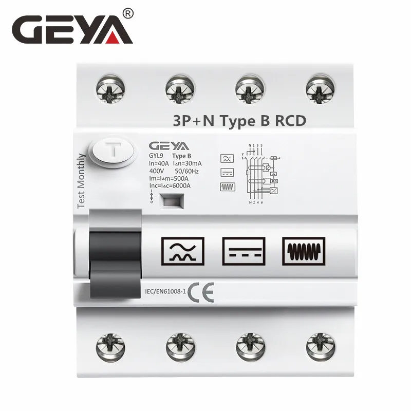 Geya Gyl9 tipo b Rcd Ruído Trilho Terra Vazamento Corrente Disjuntor dc Rccb Rcd 2p 63a 30ma 100ma 300ma 6ka Iec62423 Disjuntores