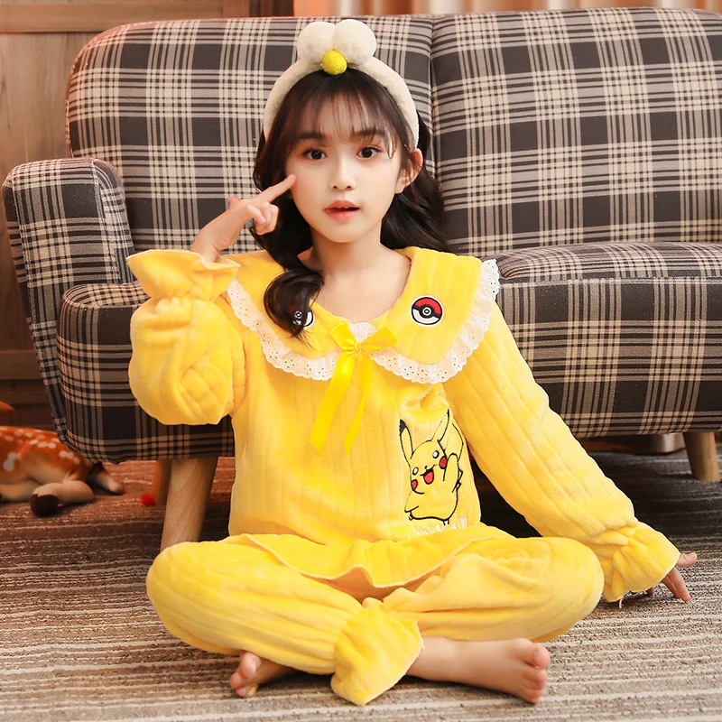 

Disney Children Girl Warm Thick Fleece Cartoon Pyjamas Long Sleeve Sleepwear Suit New Unisex Kids Winter Flannel Pajama Sets