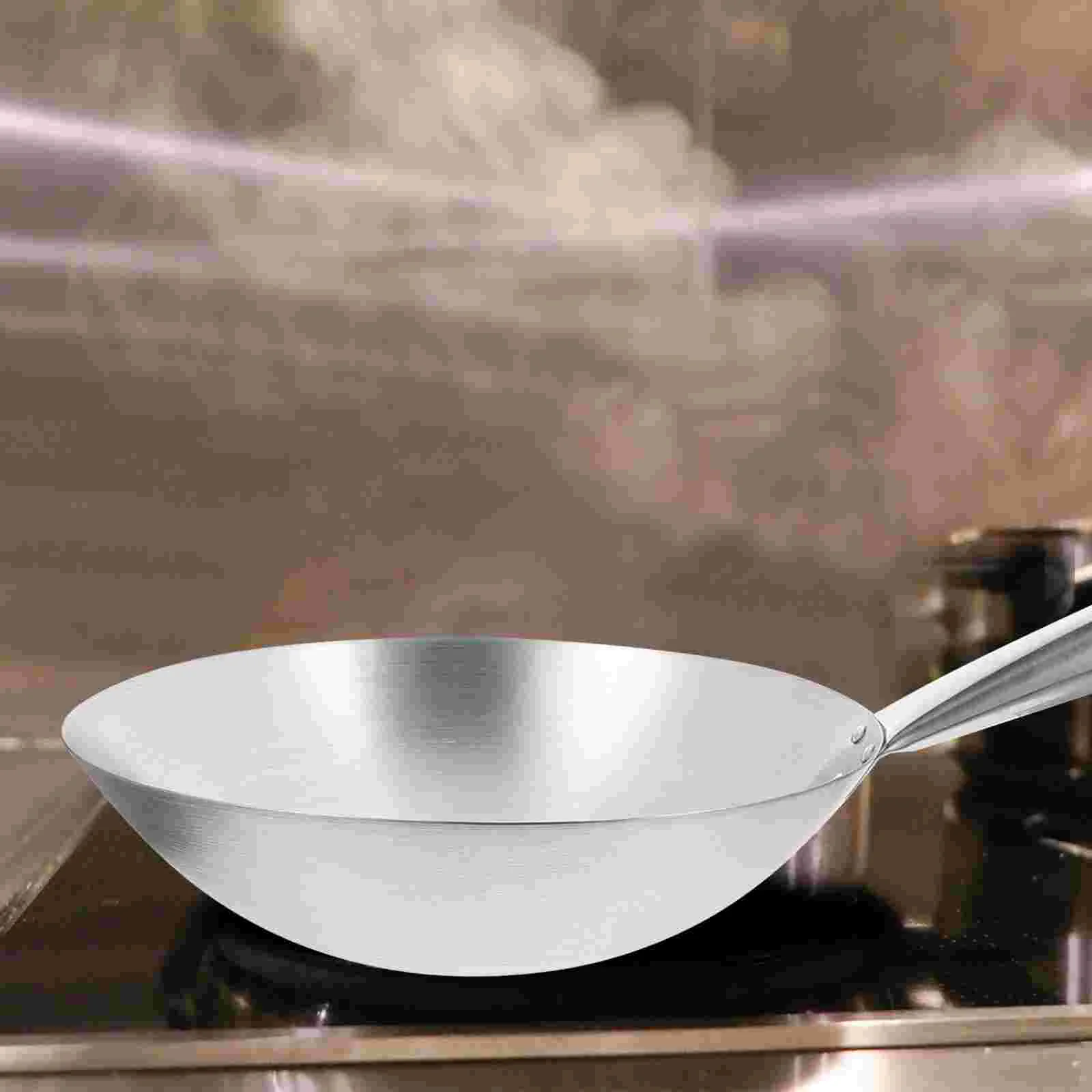 

Stainless Steel Wok Durable Chinese Pan Non Stick Frying Pans Heavy Stir-fry Wood Handles Saute
