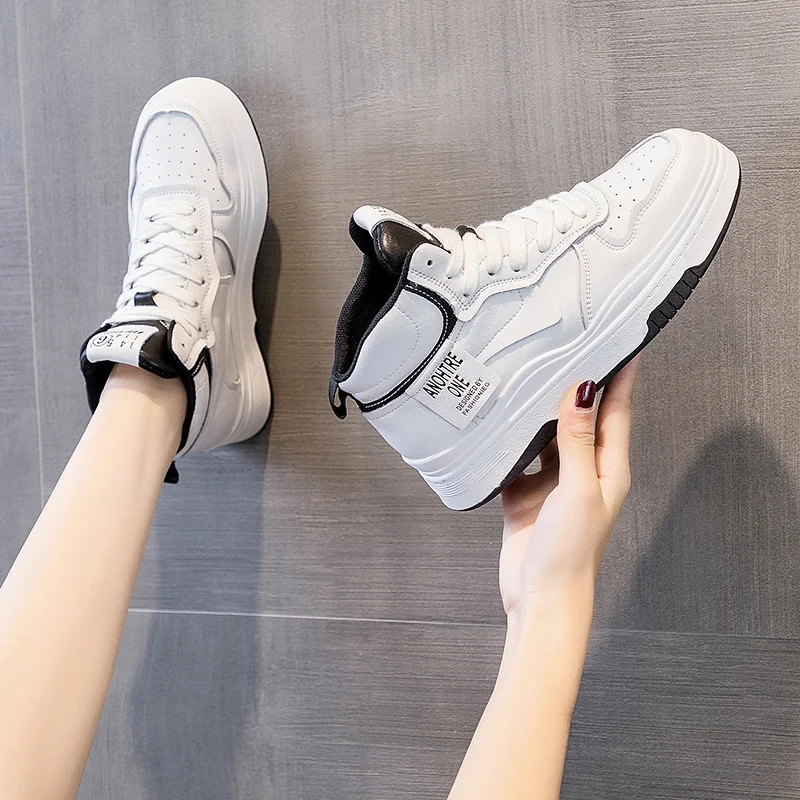 2022 Womens Walking Sneakers Women Casual Running White Shoes Breathable Mesh Flat Plush High Top Leather Shoes Sapato Feminino