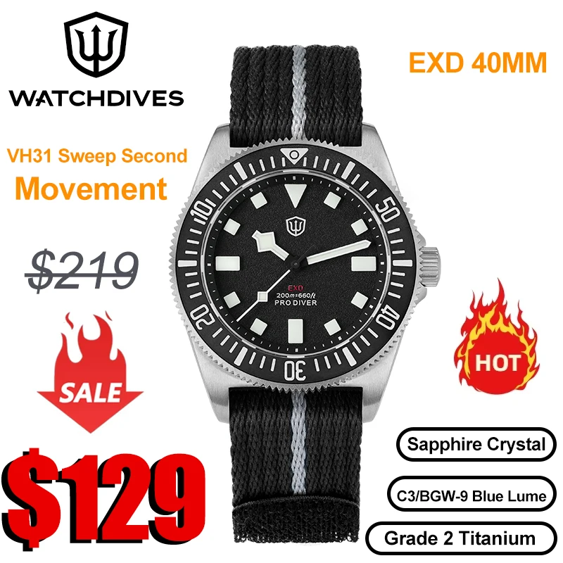 Фото Watchdives EXD V2 40 мм винтажные часы VH31 Sweep Second Механизм с сапфировым стеклом BGW9 Светящиеся водонепроницаемые титановые часы 20 бар №1