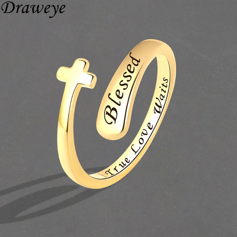 

Draweye Jewelry for Women Men Couple Birthday Vintage Stainless Steel Cuff Rings Letters Hiphop Anillos Mujer Cross Fashion