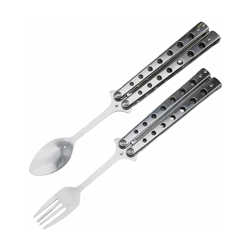 

1 Set Spoon And Fork Set Collapsible Stainless Steel Cutlery Outdoor Foldable Utensils For Kitchen BBQ