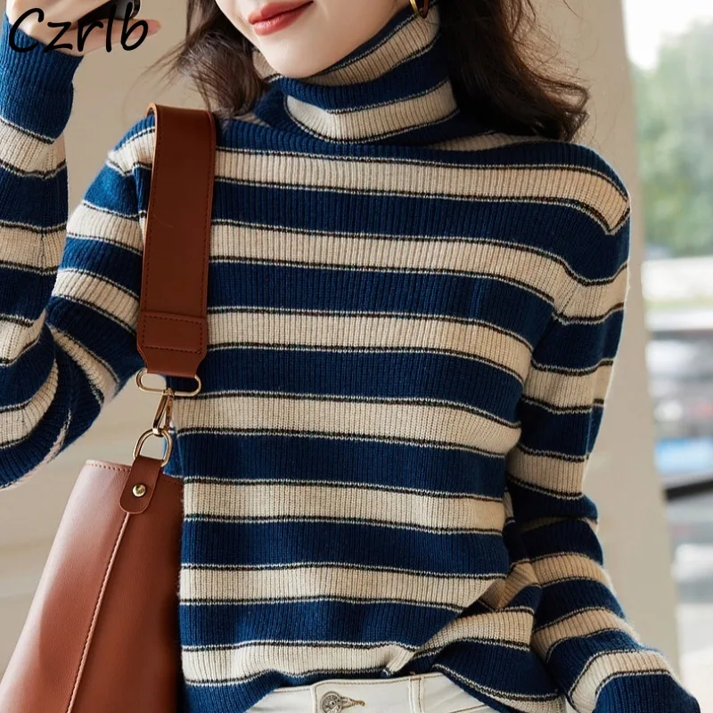 Водолазки пуловеры женский трикотаж свитер осень-зима вязаные пальто в полоску