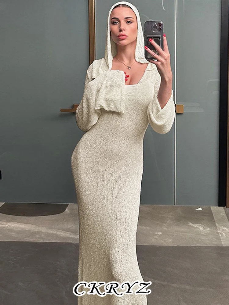 

Ckryz-Women's Long Sleeve V-Neck Bodycon Dress, Maxi Dresses, Y2K Knitted Fall Outfit, Party Club Streetwear, New Fashion
