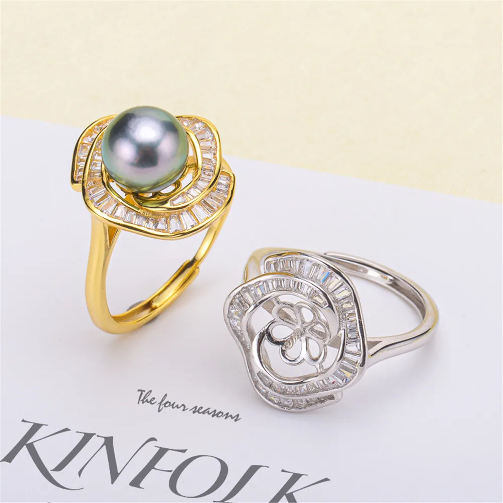 

S925 sterling silver wrapped real gold half hole bead holder ring handmade diy sticky crystal pearl inlay empty holder open ring