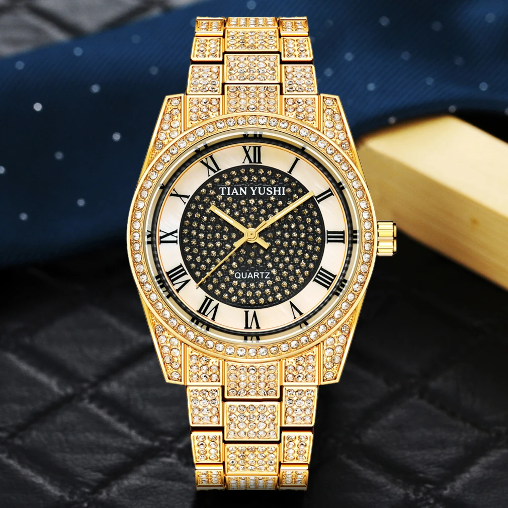 

Модные часы TYS из 18-каратного золота для мужчин и женщин, полностью алмазные Кварцевые аналоговые наручные часы с фианитами из нержавеющей с...