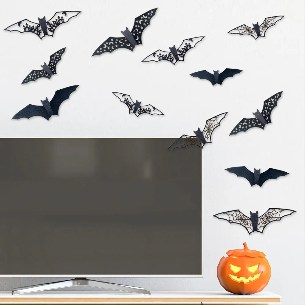 New 12Pcs Halloween 3D Hollow Bat Wall Stickers Black Sticker Room Decor Party DIY Decals Horror Bats Removable |