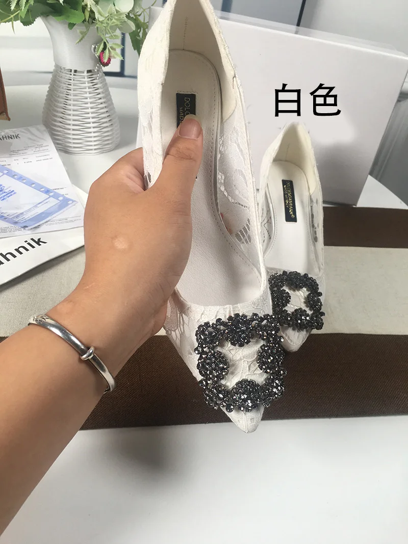 2023 Lace Pointed Toe High Heels Mesh Breathable Rhinestone Stiletto Women's Shoes