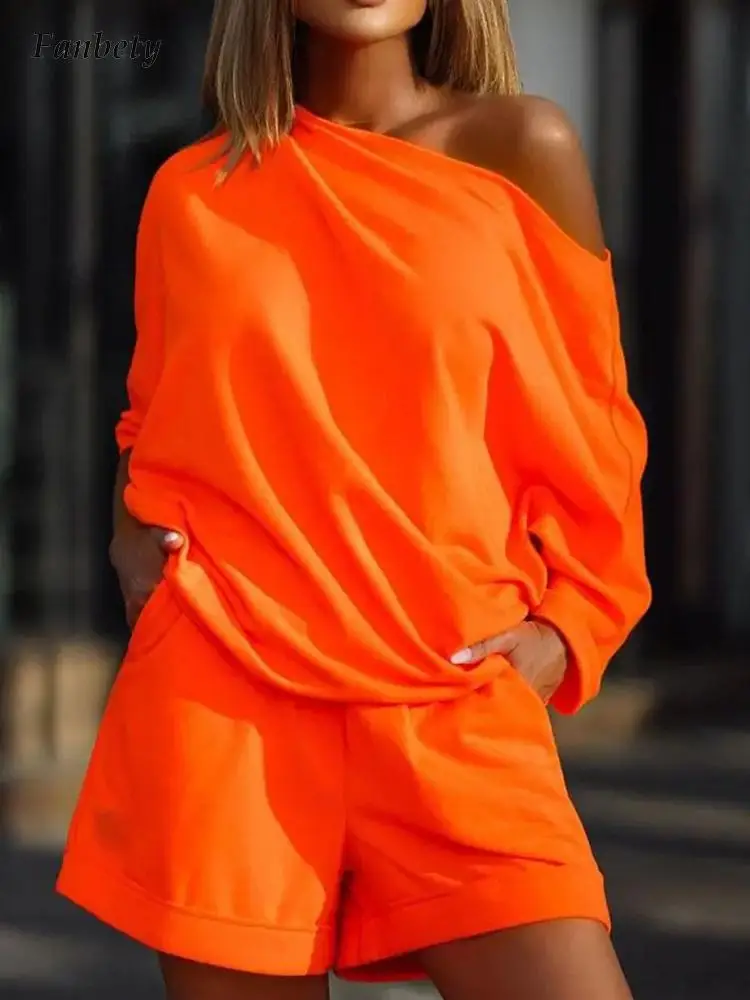 

2022 Spring Women Casual Loose Solid Outfits New Fashion Long Sleeve Pullover Tops And Shorts Suits Elegant Female Two Piece Set