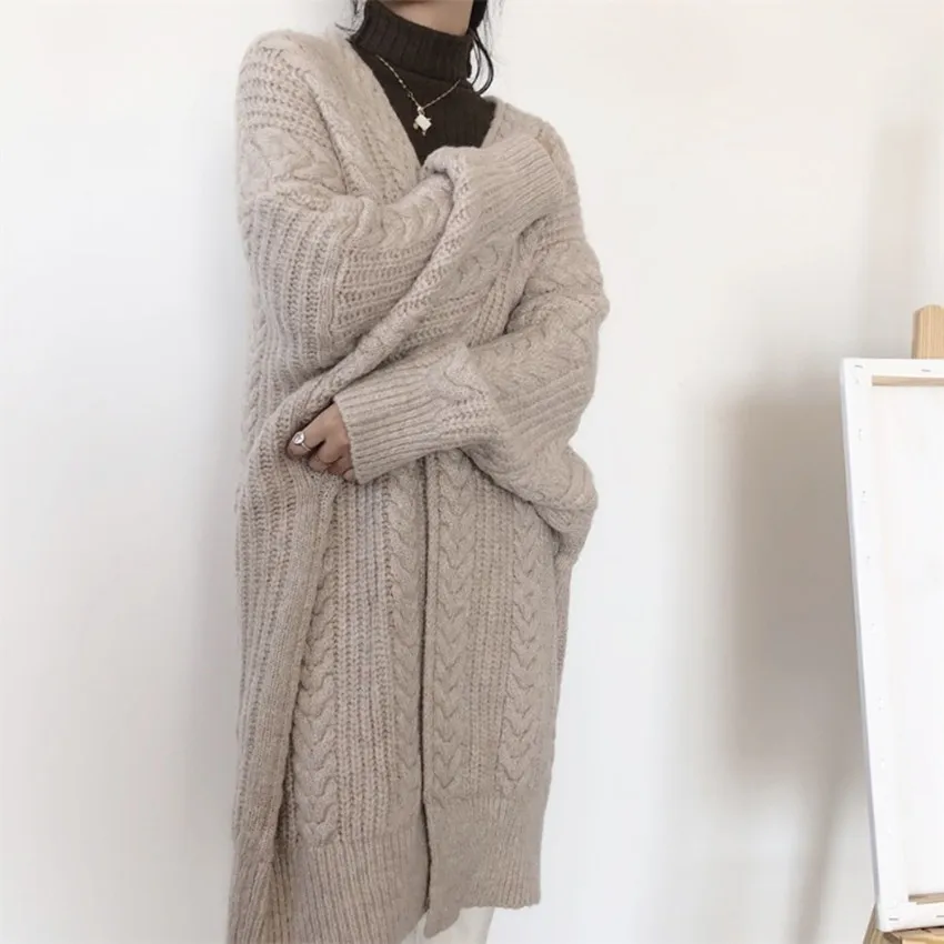 

New Chic Autumn Winter Knitting Sweater Coat Vintage Women V Neck Thick Warm Twist Batwing Sleeve Loose Long Knitwear Cardigan