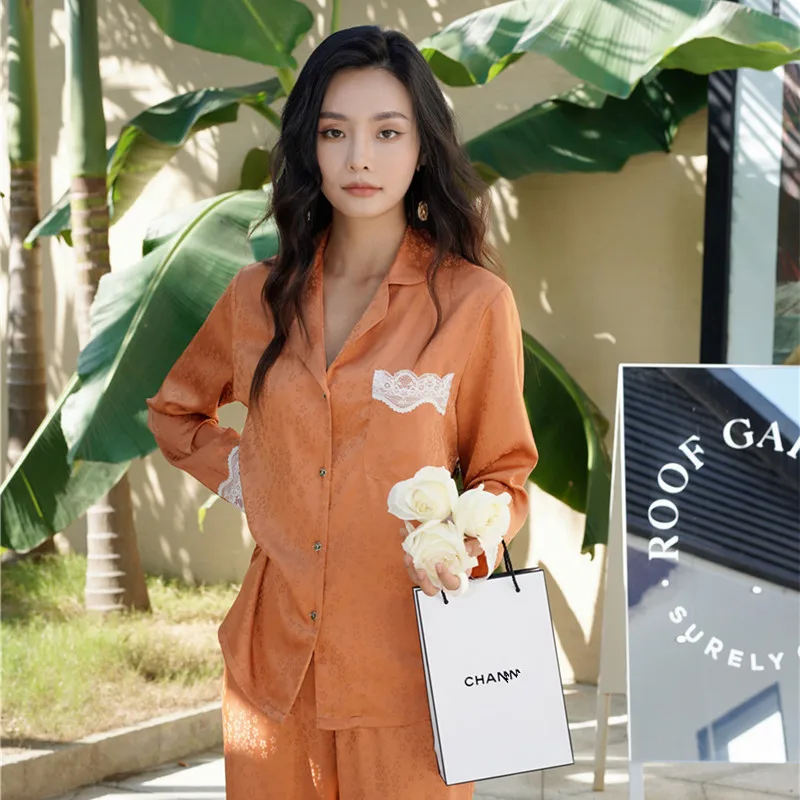 

New thin pajamas women's jacquard flower lace long-sleeved ice silk home woman pijama set