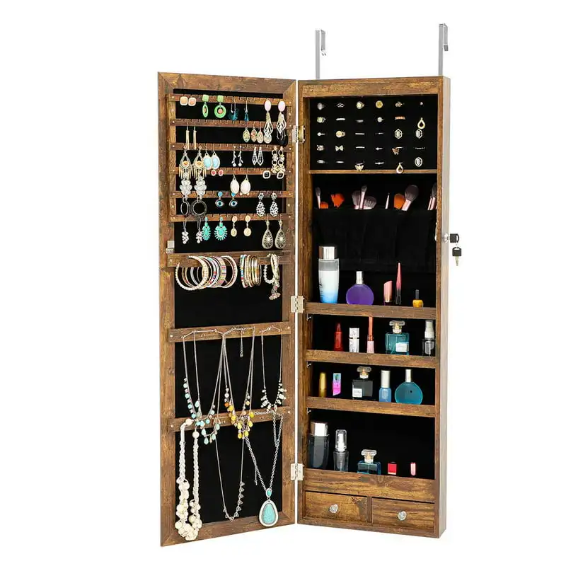 

Wooden with Mirror LED Lights Wall & Door Hung Lockable Jewelry Organizer Cupboard for Bedroom