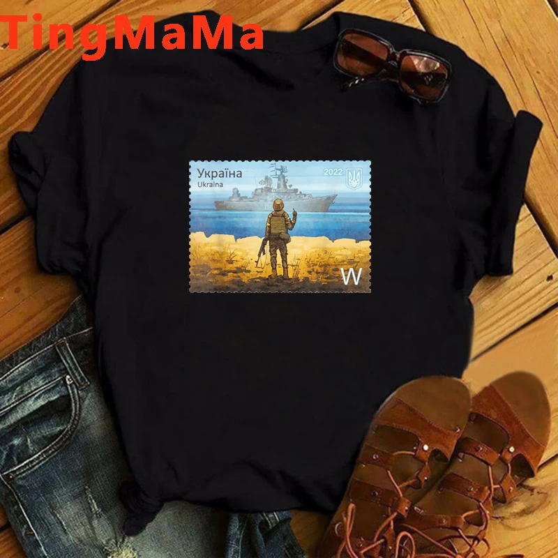 

New Sunken Warship Ukraine T Shirt Women Short Sleeve Casual Flag Pride Commemorate Stamp Graphic Tees Unisex Streetwear Female