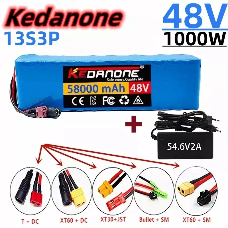

Batería de iones de litio de 48V, 58Ah, 1000w, 13S3P, paquete de iones de litio para bicicleta eléctrica de 54,6 V, S