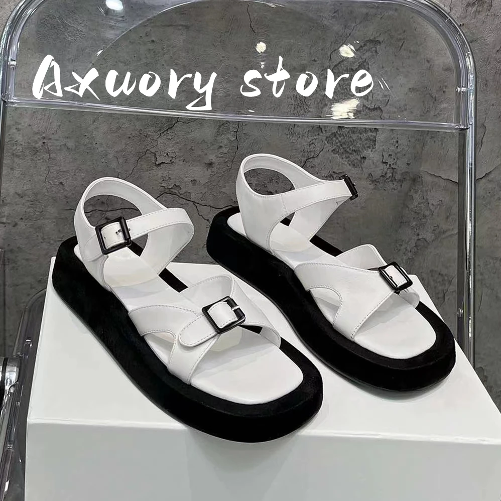2023 Summer Woman Genuine Leather Flat Platform Sandals Thick Bottom Sandals Women Casual Holiday Beach Shoes