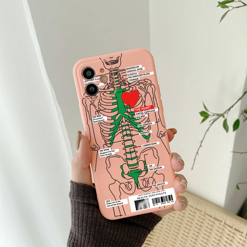 Heart Skeleton Phone Case For iPhone 13 14 Pro Max 11 12 XS XR 7 8 Plus Creative Shockproof Soft Silicone Phone Case Back Cover