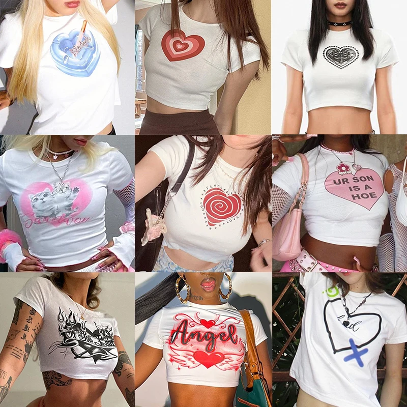 

Женская Винтажная Футболка с принтом сердечек и надписями, Y2k