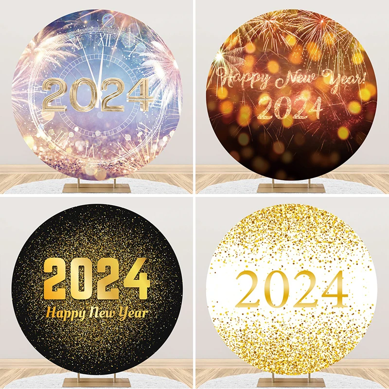 

Custom Happy New Year 2024 Round Backdrop Photography Carnival Firewarks Party Decor Photography Background Prop Photo Studio